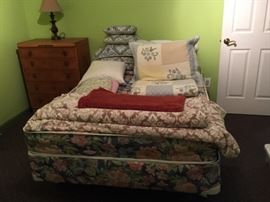 Chest of Drawers, Full Size Bed, Blankets, Quilts, Pillows, Shames