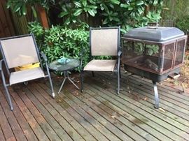 2 Patio Chairs and side table, Coleman Fire pit.