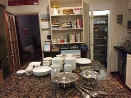 White Dishes, Silverplate serving dishes, Salad Fork and Spoon, Cake Server.