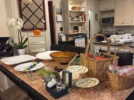 Royal Worcester Egg Coddlers, Salt Cellar, Platters, Glass Murano Style Bowls, Basket of Cookie Cutters, Baker of Cake Decorations.