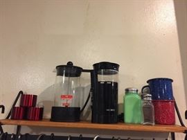 Espresso Cups, French Press, Coffee/Spice Grinder, Jade Green Milk Glass Salt Shaker, Clear Glass Salt Shaker, Enamelware/Granitware Camping Cups.