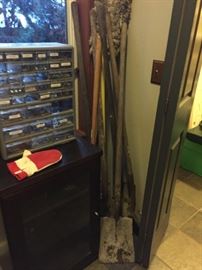 Box of Misc Nuts and Bolts, Cabinet, Shovels.