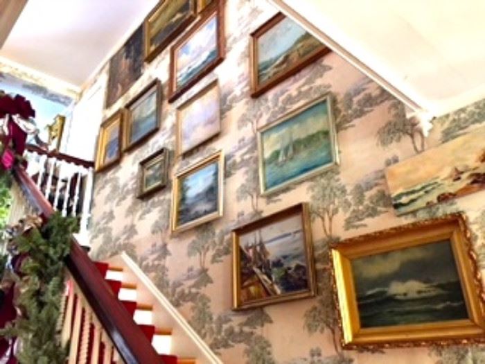 Wall of Paintings showing stairway banisters done by McIntyre (Banisters not for Sale) 