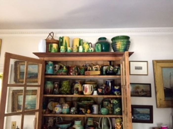 Pine Cabinet filled with Pottery and Majolica