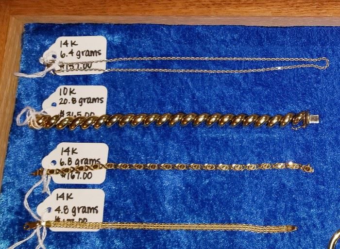 14k white gold chain, 14k gold bracelets and 10k gold bracelet