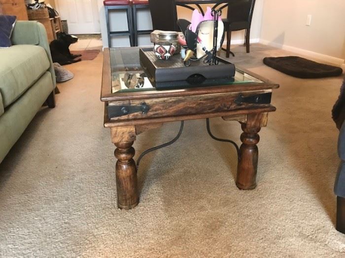 INDIAN TABLE - METAL AND WOOD AND GLASS TOP