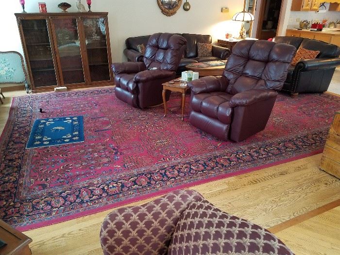 Antique 12' x 18' Kashan 100% wool Karastan floor rug. (leather couches and chairs are not for sale)