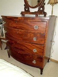 Antique tiger wood tall dresser with glass handles 
