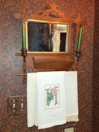 Hand crafted antique shaving mirror, towel rod, and shelf, candle holders