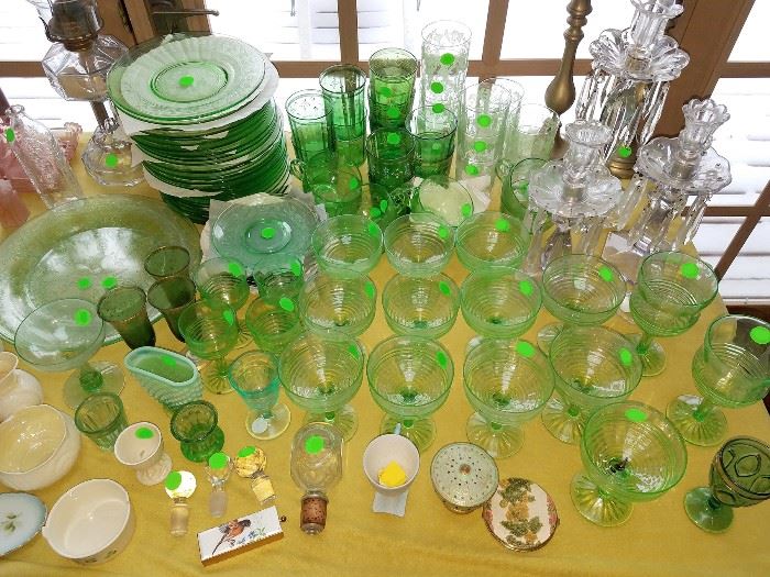 Lots of green depression glass