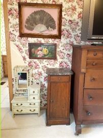 Doll furniture. Marble top cabinet. Framed feather fans