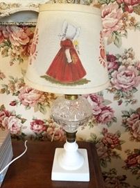 Sunbonnet lampshade with milk glass lamp