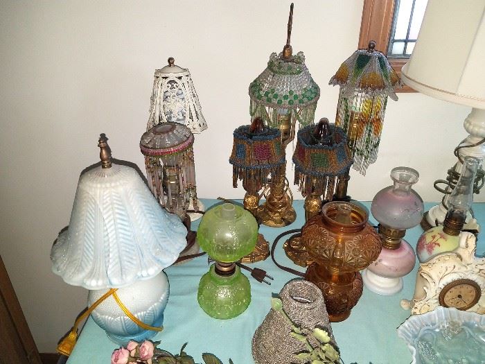 Oil lamps, antique beaded lamps