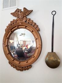Convex porthole federal mirror. Primitive bed warmer