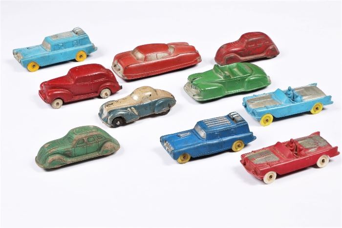 1940's - 1950's Collection Of 10 Rubber Cars Mostly Auburn, Arcor 3 3/4" - 5" Size