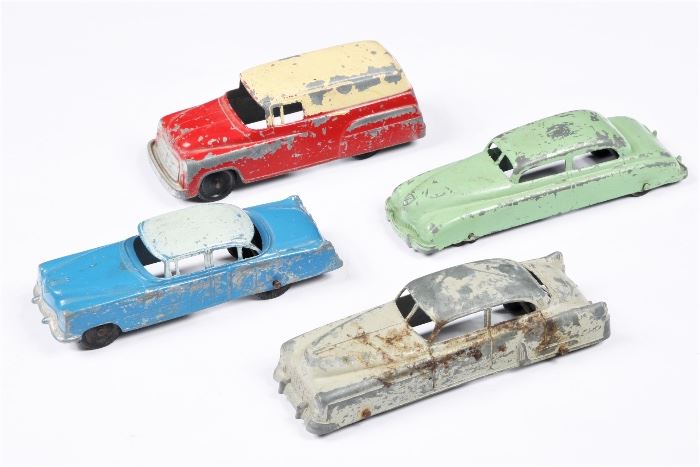 Four Vintage Jumbo Tootsie Toy Pressed Steel Cars 5" To 6"