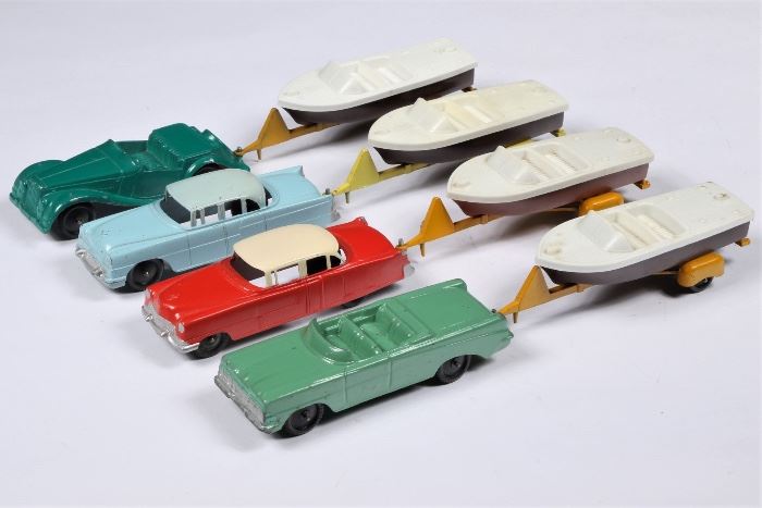 Four Vintage Jumbo Tootsietoy Cars With Tee Nee Trailers And Chris Craft 