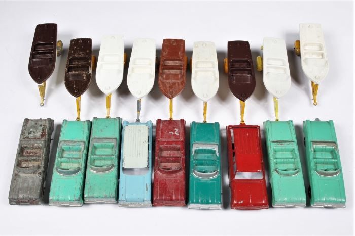 Nine Vintage Jumbo Tootsietoy Toy Cars With Tee Nee Trailers And Chris Craft 