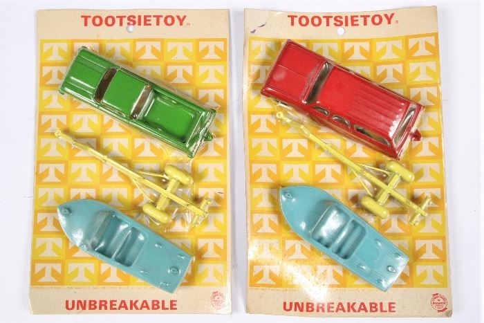 Two Jumbo Tootsie Toys On Blister Cards, Cars, Trailer And Boat