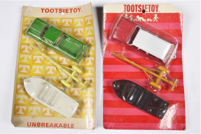 Two Jumbo Tootsie Toys On Blister Cards With Car, Trailer And Boat