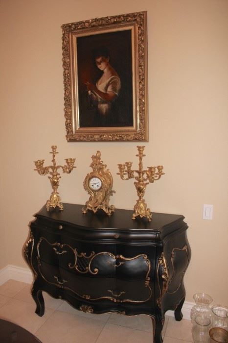 Painting , Bombay Chest, Tiffany Clock with Garnitures