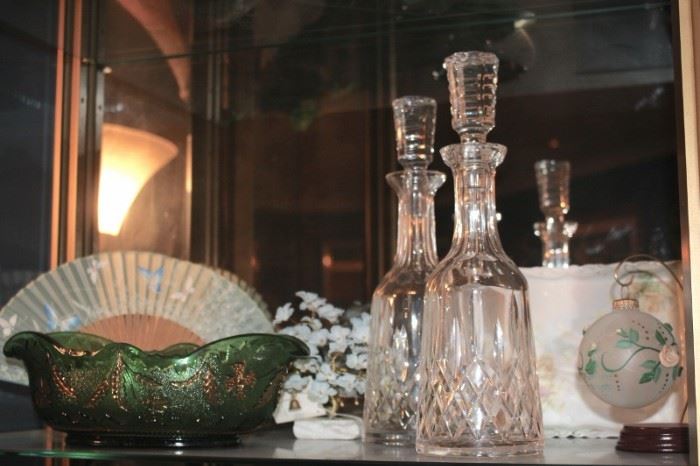 Decanters, Green Decorative Bowl and Bric-A-Brac