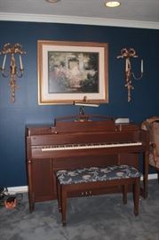 Console Piano, Pair of Sconces and Art