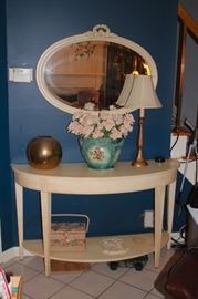 White Demi  Lune Table and Matching Oval Mirror with Lamp and Assorted Vases