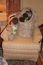 Upholstered Easy Chair with Rattan Basket and Yarn
