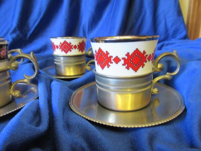Pewter cup and saucer with fine porcelain expresso cups, set of 6