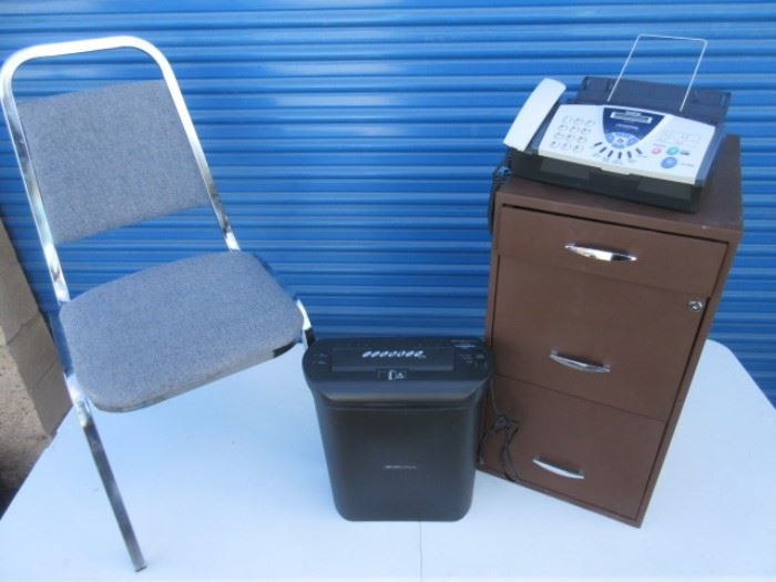 Office chair, shredder, fax, and filing cabinet