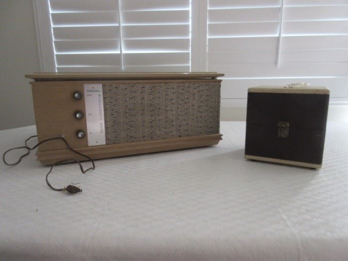 Vintage record player and 45 case