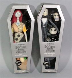 Nightmare Before Christmas Coffin Dolls, Qty 2, Sally Pose-able Doll with Sound & Jack Skellington Pose-able Doll w/ Interchangeable Heads, New
