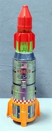 KY Tin Litho Vintage Battery Operated Apollo 15 Super Rocket with Original Box, 18.5", Astronaut Comes Out in Flashing Lights,