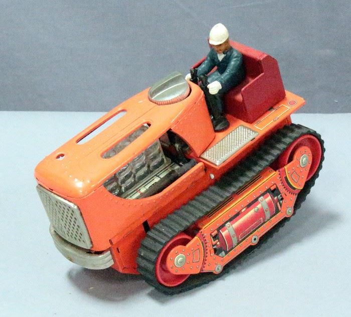 Vintage Tin Litho Battery Operated Tractor with Lighted Pistons, Needs Batteries, and Child's Plastic Tractor with Visible Gears