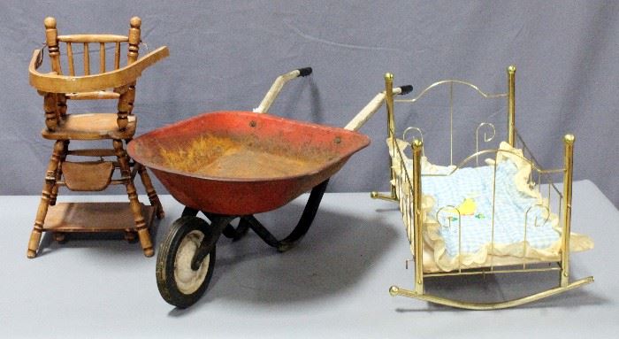 Metal Children's Wheelbarrow, 32"L x 11"H, Doll High Chair, 19"H, and Doll Rocking Crib with Mattress and Blanket