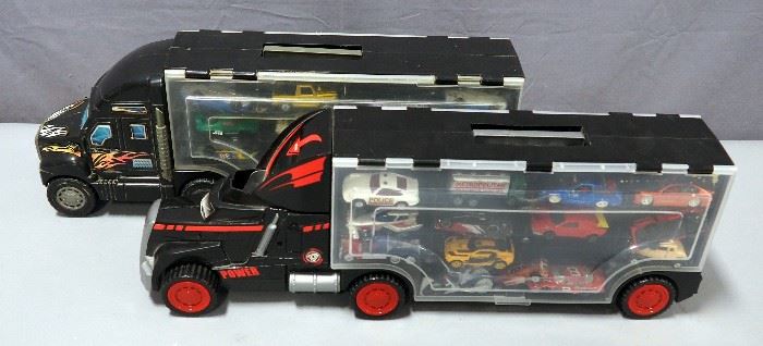 (2) Semi-Truck 28 Slot Toy Car Carrier Cases, Filled With Hotwheels and Matchbox Cars