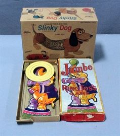 Collector's Edition Slinky Dog Pull Toy by James Industries, and 1940's Jumbo Elephant Ring Toss Game