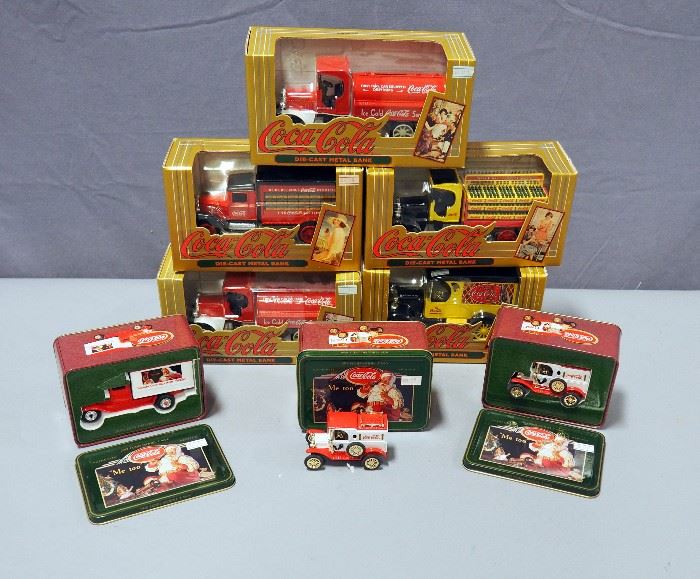 Coca-Cola Die-Cast Metal Banks, Qty 5, and (2) Commemorative Christmas 1937 Delivery Truck and 1913 Model T Van