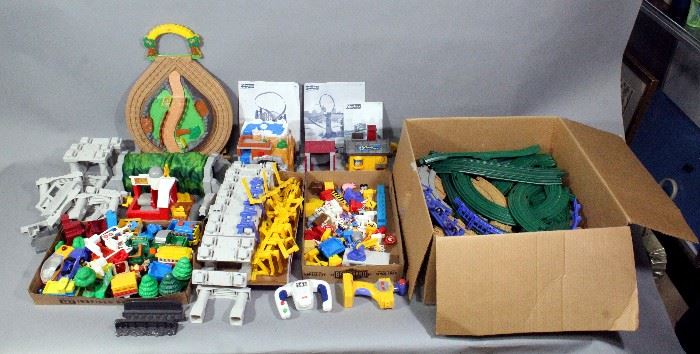 Fischer Price Assorted GeoTrax Set, Train Tracks, Buildings, Rocky Falls Tunnel w/ Sounds, Train Cars, Vehicles, Trees, Accessories, More