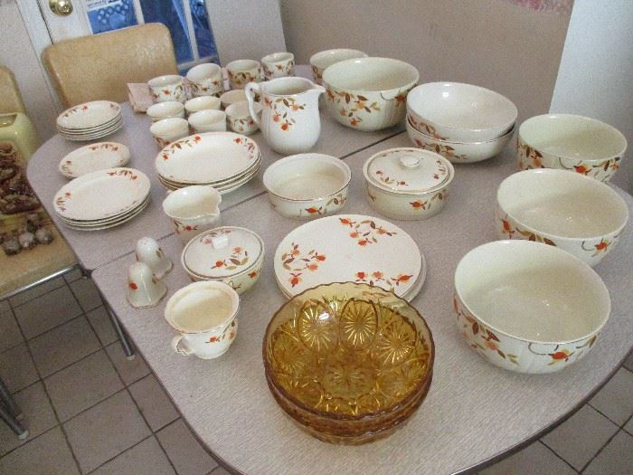 Vintage Hall's Autumn Leaf Stoneware, includes various serving bowls and cookware.  Viking bowls in the foreground.