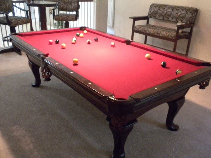  "Limited Edition" Highland Series regulation 8 ft. Simonis burgundy felt, Dark Mahogany finish with heavy leather pockets,  Aramith Belgian billard balls, overall dimensions 54" W x 99" L x 32" H made from Tulip wood and manufactured by AMF.