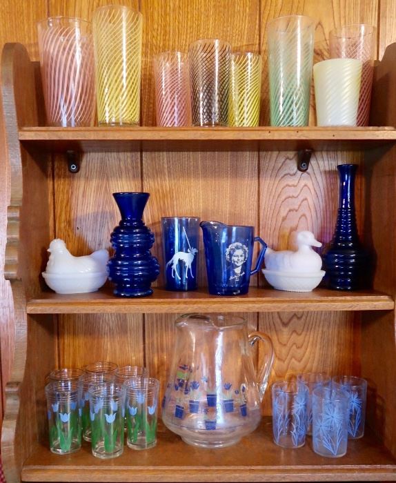 Lots of Vintage Kitchen Items - Shirley Temple Pitcher and pretty Cobalt Blue pieces