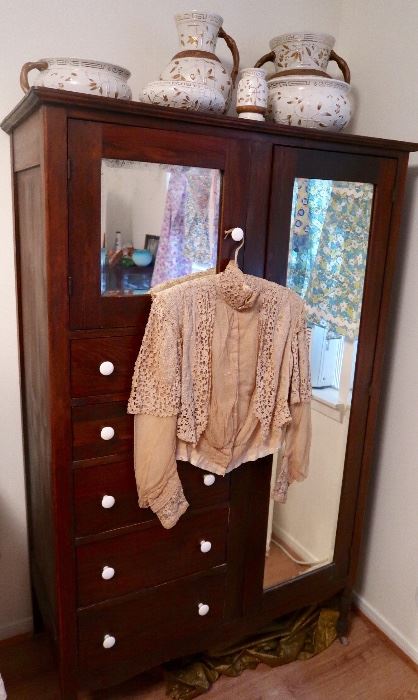 Nice Mirrored Wardrobe, Pottery Set & Antique Lace Crop Blouse