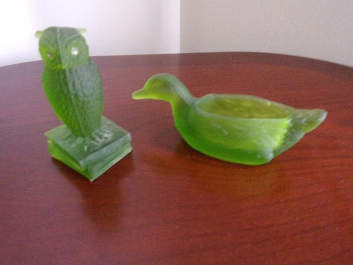 Westmoreland Glass Owl on Books Figurine Olive Green w/ Rhinestone Eyes and Westmoreland green duck dish
