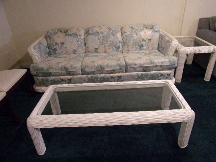 Wicker Sofa/couch with glass top coffee table and end table