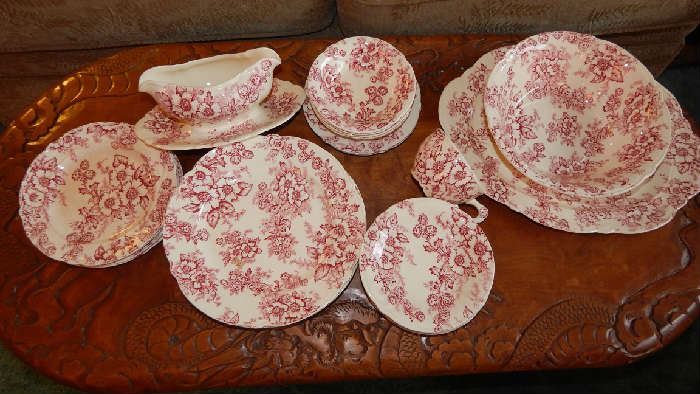 PLACE SETTING FOR , PARTIAL SET SMITH TAYLOR SMITH CHINA IN EXCELLENT CONTION!!  RED  PINK DOGWOOD PATTERN TRANSFER WARE