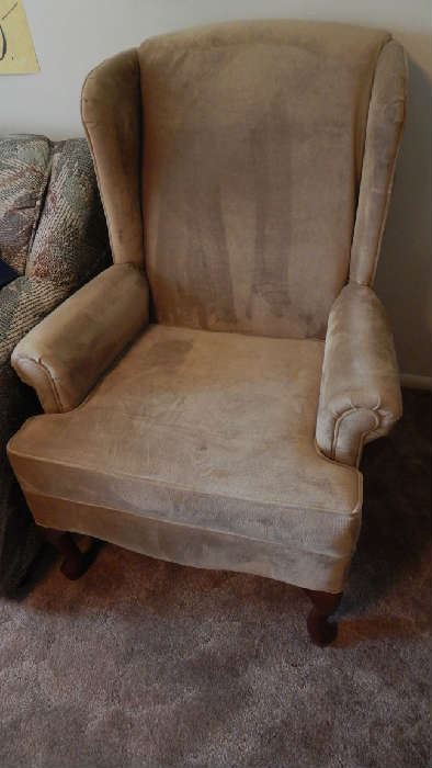 SOFT TAUPE FABRIC WING BACK CHAIR. COLOR MATCHES SOFA CHAIR AND LOVE SEAT PIECE