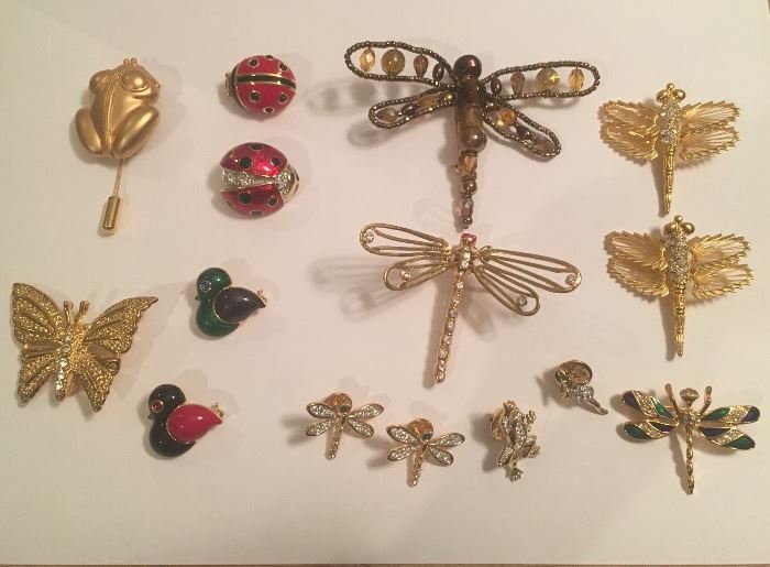 All costume pieces. Two matching dragonfly pins (top right corner) are Monet, frog pin (top left corner is signed “Inca” (see next photo). Butterfly (bottom left) is AAI. 