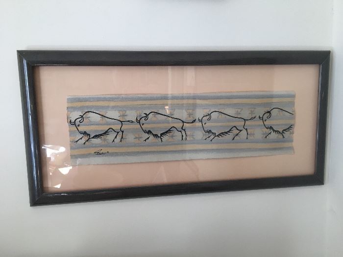Jean Bales "Buffalo Herd" framed measures 28" x 13"